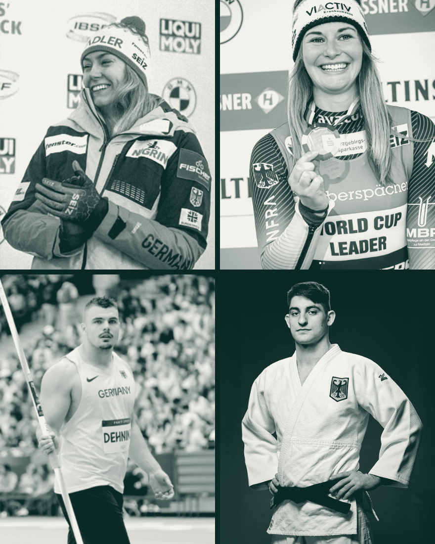 Vier deutsche Athletinnen und Athleten aus Wintersport, Leichtathletik und Judo